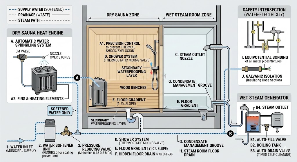 Planejamento de sistema de encanamento e análise técnica para salas de sauna