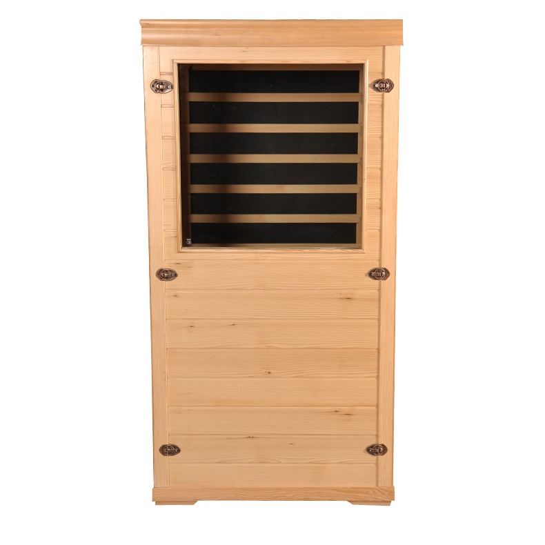 Sala de sauna com porta de vidro para uma pessoa