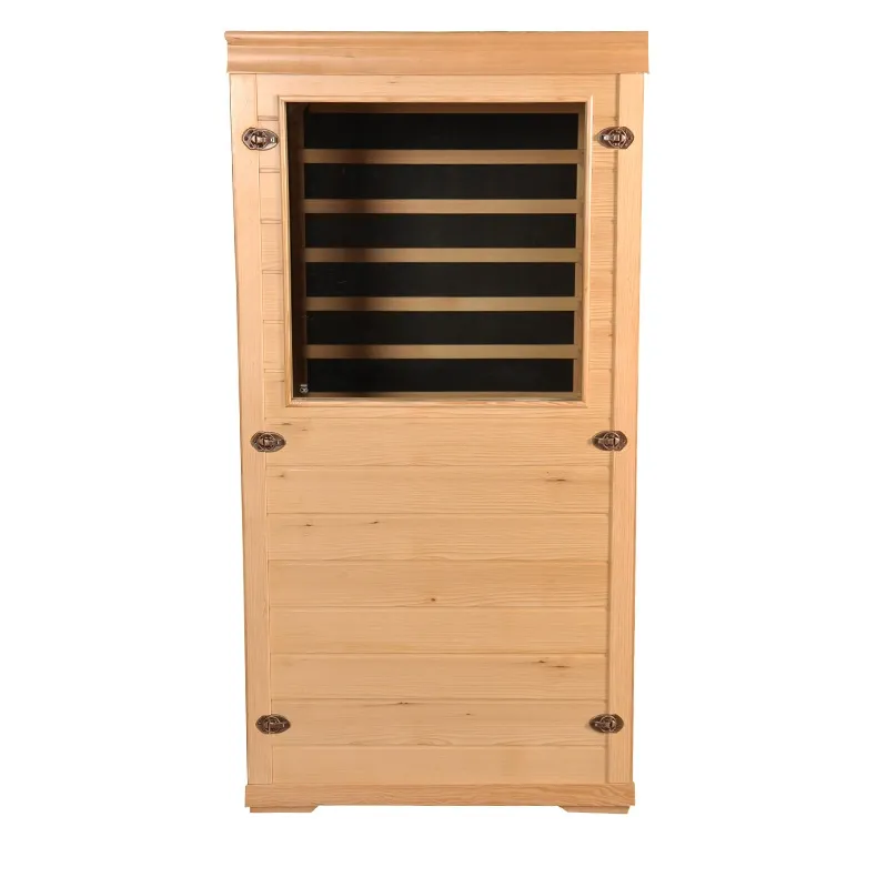Sala de sauna com porta de vidro para uma pessoa