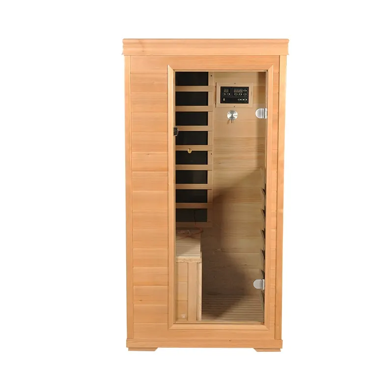 Sala de sauna com porta de vidro para uma pessoa