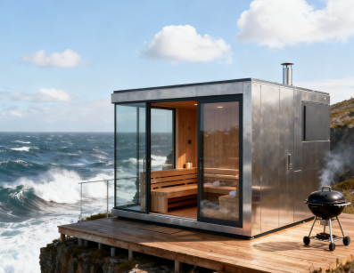Retiro à beira da maré: sauna externa à prova d'água para todos os climas Retiro à beira da maré: sauna externa à prova d'água para todos os climas